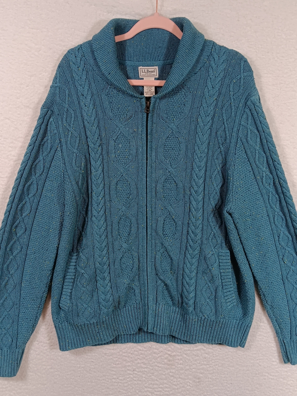 LL Bean Sweater Mens Large Blue Full Zip Fishman Chunky Knit Speckled